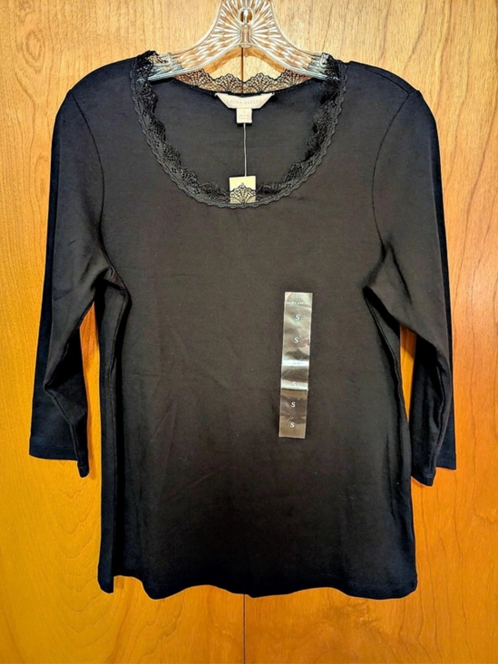Laura Ashley Black Lace Trim Long Sleeve Top Size Small NWT